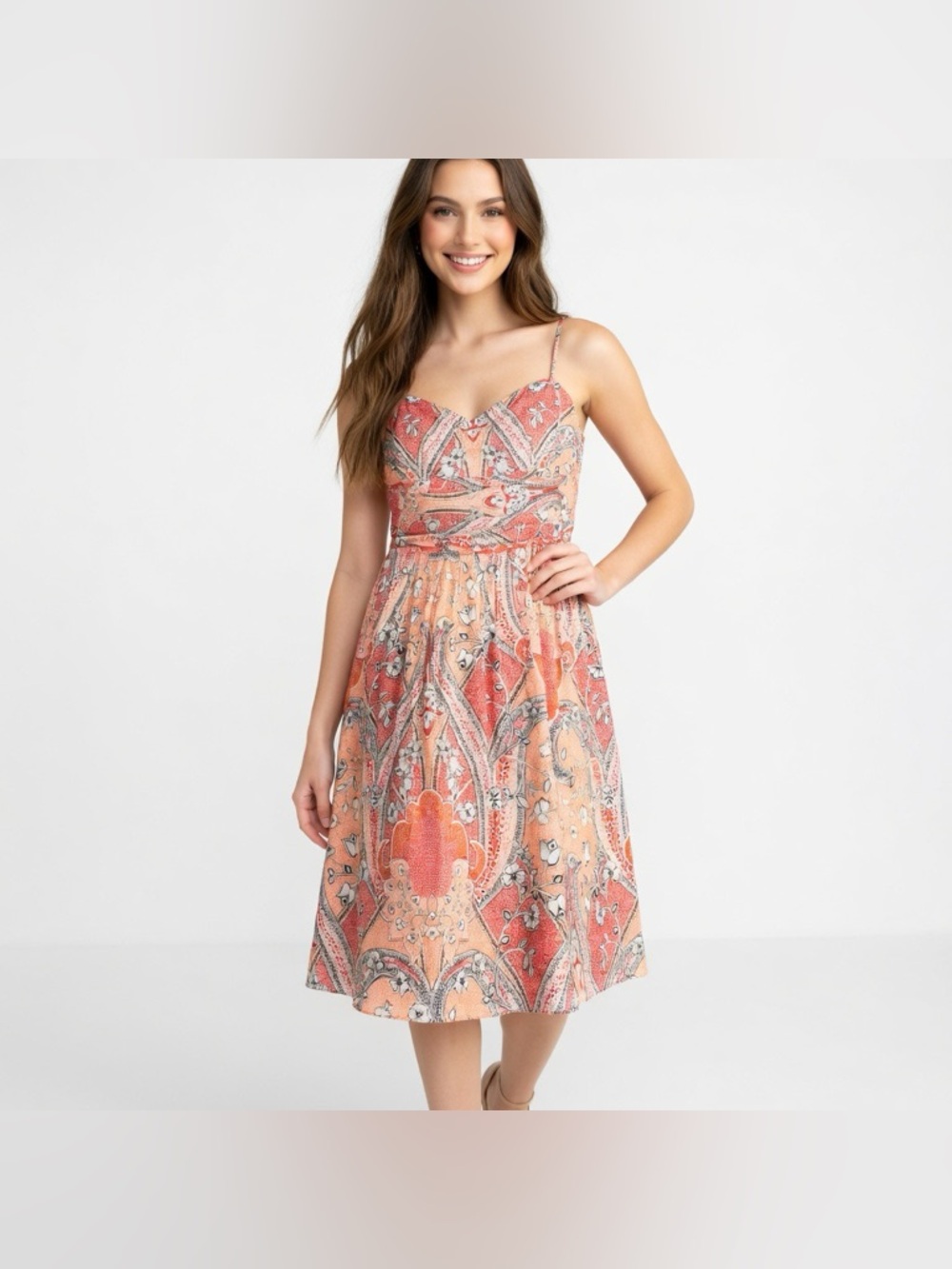 Ann Taylor Summer Dress Spaghetti Straps Paisley Floral 30% Silk 70%‎ Cotton